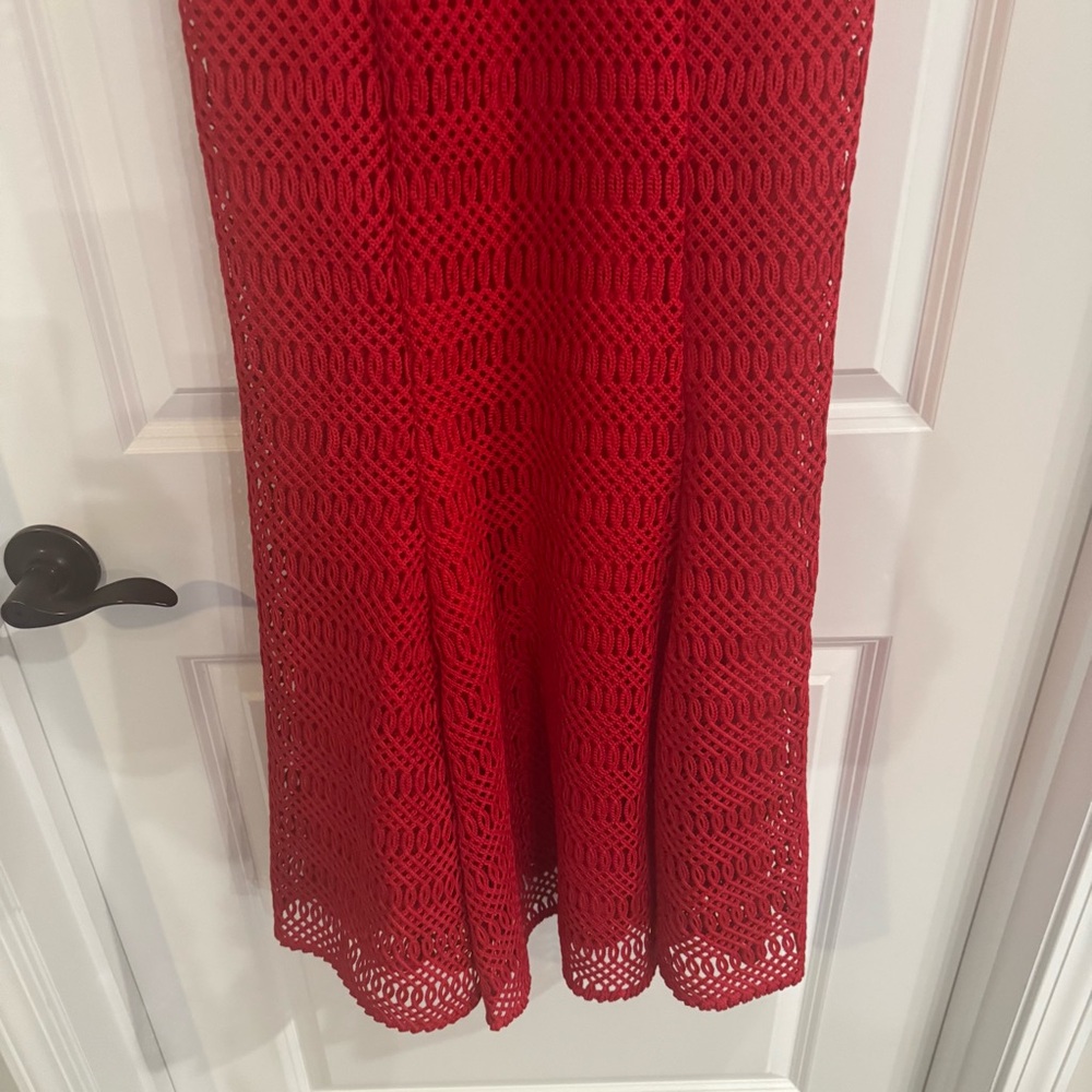 Self Portait Lattice Lace Midi Dress in Red - Picture 9 of 16